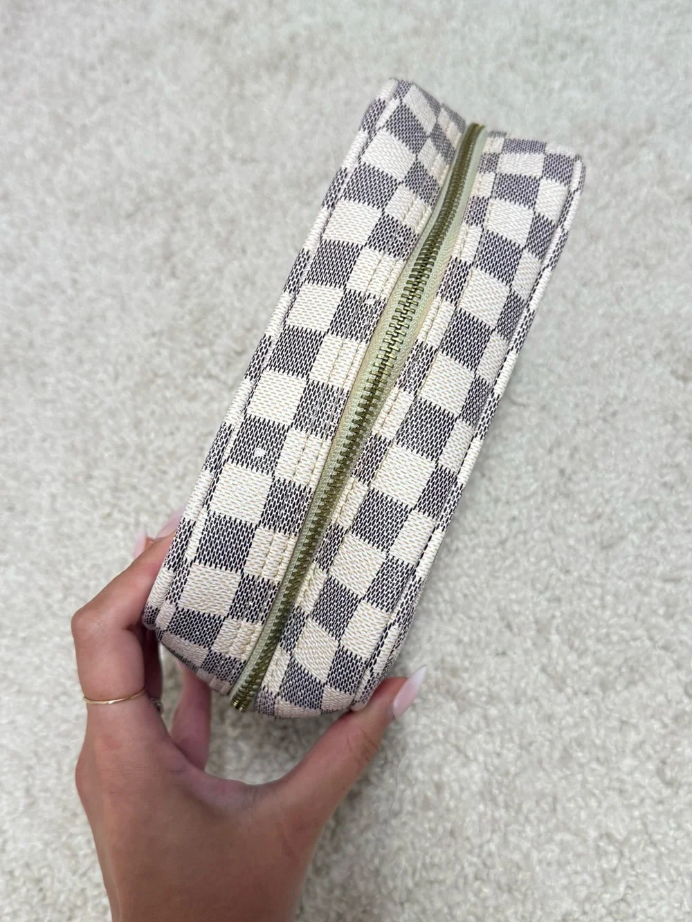 Checked Cosmetic Pouch in Beige and Taupe